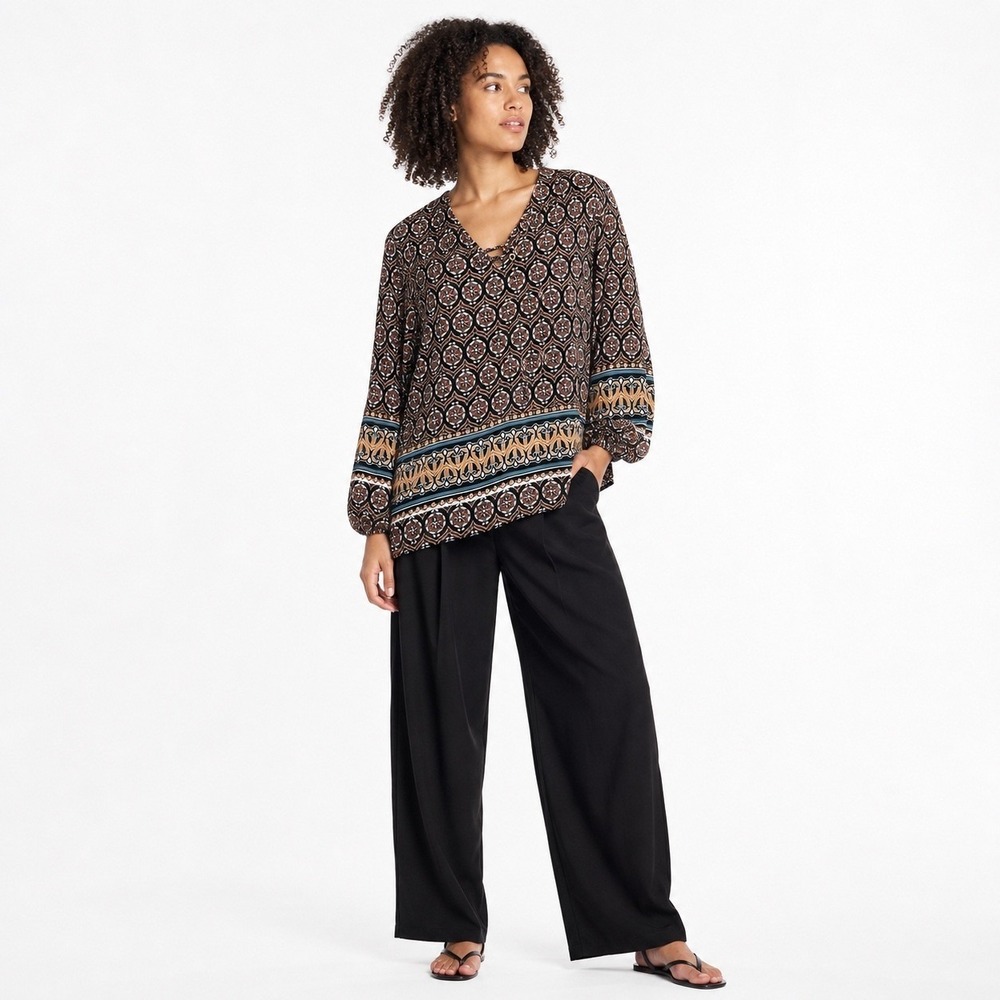 Coco Bianco Women's Geometric Tunic M Blouse Boho Eclectic Retro Festival Earthy